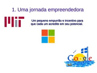 1. Uma jornada empreendedora
Um pequeno empurrão e incentivo paraUm pequeno empurrão e incentivo para
que cada um acredite em seu potencial.que cada um acredite em seu potencial.
 