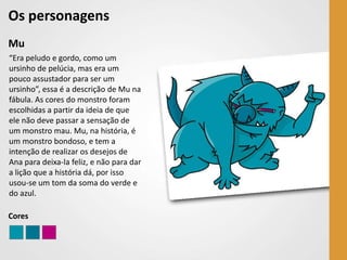 Os personagens
Mu
“Era peludo e gordo, como um
ursinho de pelúcia, mas era um
pouco assustador para ser um
ursinho”, essa é a descrição de Mu na
fábula. As cores do monstro foram
escolhidas a partir da ideia de que
ele não deve passar a sensação de
um monstro mau. Mu, na história, é
um monstro bondoso, e tem a
intenção de realizar os desejos de
Ana para deixa-la feliz, e não para dar
a lição que a história dá, por isso
usou-se um tom da soma do verde e
do azul.

Cores
 