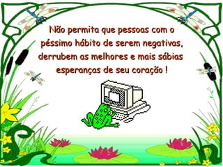 Não permita que pessoas com o péssimo hábito de serem negativas,  derrubem as melhores e mais sábias  esperanças de seu coração ! 