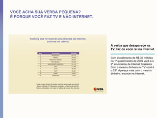 VOCÊ ACHA SUA VERBA PEQUENA?
É PORQUE VOCÊ FAZ TV E NÃO INTERNET.




                                       A verba que desaparece na
                                       TV, faz de você rei na Internet.

                                       Com investimento de R$ 30 milhões
                                       no 1º quadrimestre de 2009 você é o
                                       2º anunciante da Internet Brasileira.
                                       Com o mesmo dinheiro na TV você é
                                       o 63º. Apareça mais com o mesmo
                                       dinheiro: anuncie na Internet.
 