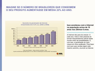 IMAGINE SE O NÚMERO DE BRASILEIROS QUE CONSOMEM
O SEU PRODUTO AUMENTASSE EM MÉDIA 22% AO ANO.




                                         Isso aconteceu com a Internet
                                         na população acima de 10
                                         anos nos últimos 6 anos.

                                         A Internet não para de crescer. A
                                         cada ano, mais e mais pessoas se
                                         tornam frequentadoras cativas deste
                                         mundo cheio de possibilidades. E,
                                         com isso, a penetração do meio
                                         cresce em ritmo acelerado. Para fazer
                                         com que suas vendas sigam este
                                         mesmo caminho, anuncie na Internet.
 