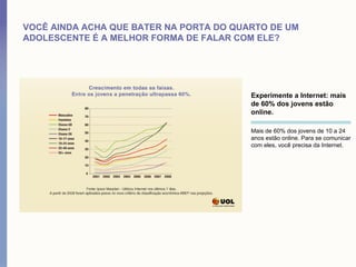 VOCÊ AINDA ACHA QUE BATER NA PORTA DO QUARTO DE UM
ADOLESCENTE É A MELHOR FORMA DE FALAR COM ELE?




                                         Experimente a Internet: mais
                                         de 60% dos jovens estão
                                         online.

                                         Mais de 60% dos jovens de 10 a 24
                                         anos estão online. Para se comunicar
                                         com eles, você precisa da Internet.
 
