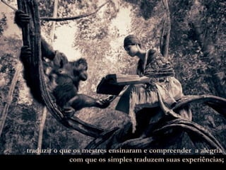 traduzir o que os mestres ensinaram e compreender  a alegria  com que os simples traduzem suas experiências; 