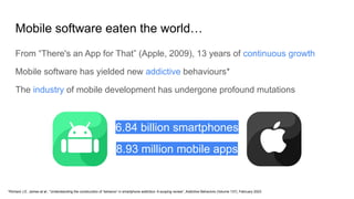 Mobile software eaten the world…
From “There's an App for That” (Apple, 2009), 13 years of continuous growth
Mobile software has yielded new addictive behaviours*
The industry of mobile development has undergone profound mutations
6.84 billion smartphones
8.93 million mobile apps
*Richard J.E. James et al., “Understanding the construction of ‘behavior’ in smartphone addiction: A scoping review”, Addictive Behaviors (Volume 137), February 2023
 