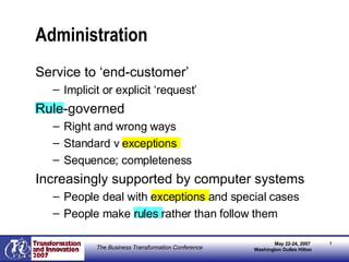 Administration Service to ‘end-customer’ Implicit or explicit ‘request’ Rule-governed Right and wrong ways Standard v exceptions Sequence; completeness Increasingly supported by computer systems People deal with exceptions and special cases People make rules rather than follow them 
