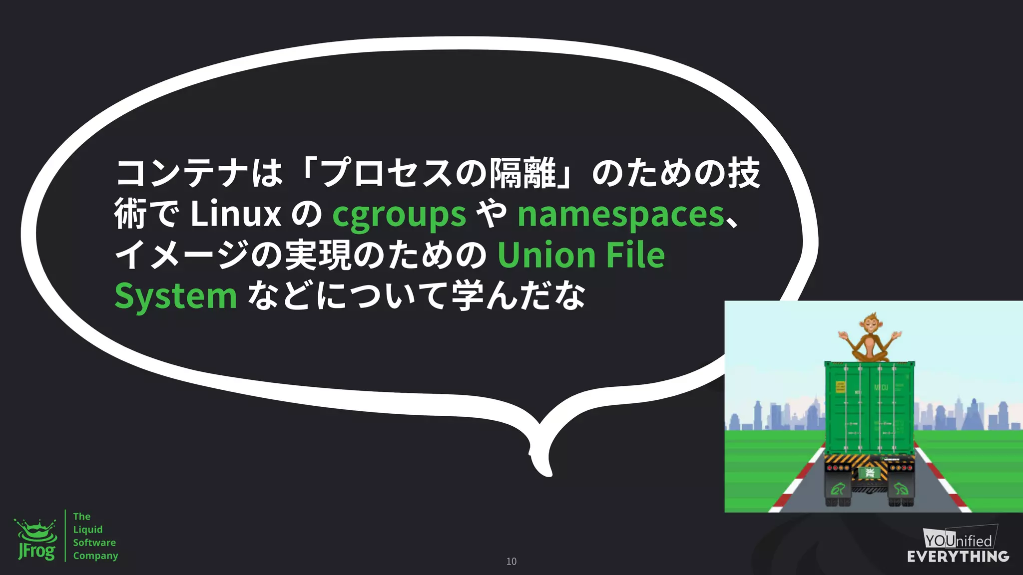 10
Linux cgroups namespaces
Union File
System