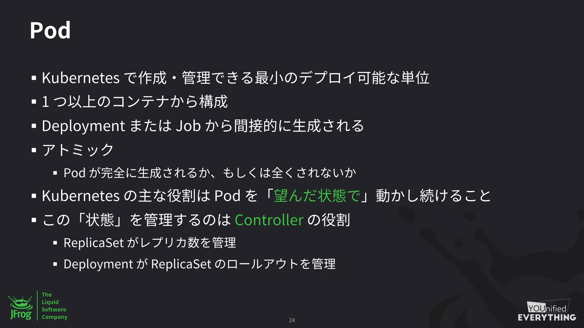 Pod
§ Kubernetes
§ 1
§ Deployment Job
§
§ Pod
§ Kubernetes Pod
§ Controller
§ ReplicaSet
§ Deployment ReplicaSet
24
