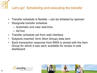 Let’s go! Scheduling and executing the transfer
•  Transfer schedule is flexible – can be dictated by sponsor
•  Designate transfer schedule
–  Automatic and near real-time
–  Ad hoc
•  Transfer schedule set from web interface
•  Subjects inserted, form (Item Group) data sent
•  Each transaction response from RWS is stored with the Item
Group for which it was sent; available for review in web
dashboard
10	
  
 