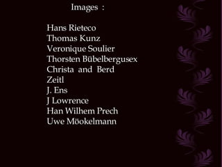 Images  : Hans Rieteco Thomas Kunz Veronique Soulier Thorsten Bübelbergusex Christa  and  Berd Zeitl J. Ens J Lowrence Han Wilhem Prech Uwe Möokelmann 