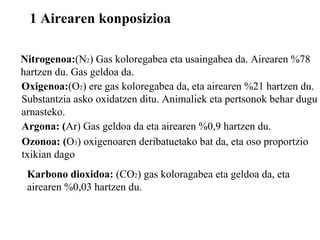 1 Airearen konposizioa Nitrogenoa: (N 2 ) Gas koloregabea eta usaingabea da. Airearen %78  hartzen du. Gas geldoa da. Oxigenoa: (O 2 ) ere gas koloregabea da, eta airearen %21 hartzen du. Substantzia asko oxidatzen ditu. Animaliek eta pertsonok behar dugu  arnasteko. Argona: ( Ar) Gas geldoa da eta airearen %0,9 hartzen du. Ozonoa: ( O 3 ) oxigenoaren deribatuetako bat da, eta oso proportzio  txikian dago  Karbono dioxidoa:  (CO 2 ) gas koloragabea eta geldoa da, eta  airearen %0,03 hartzen du. 