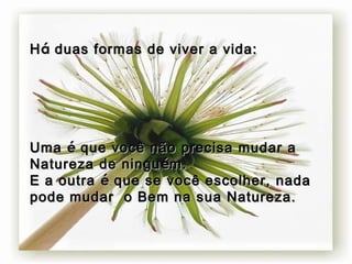 H á  duas formas de viver a vida: Uma  é  que você não precisa mudar a Natureza de ningu é m. E a outra  é  que se você escolher, nada pode mudar  o Bem na sua Natureza. 
