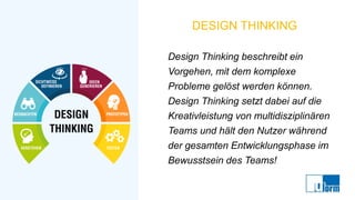 DESIGN THINKING
Design Thinking beschreibt ein
Vorgehen, mit dem komplexe
Probleme gelöst werden können.
Design Thinking setzt dabei auf die
Kreativleistung von multidisziplinären
Teams und hält den Nutzer während
der gesamten Entwicklungsphase im
Bewusstsein des Teams!
 