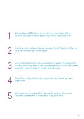 34
Merchandising and Marketing converge with a unified position with the
customer experience becoming equally important as product and price
1
Single-channel teams (Marketing, Merchandising, Supply Chain) consolidate to
serve the customer across the enterprise
2
Store Associates coalesce into two specializations: customer-facing associates
providing increasingly sophisticated customer experiences and fulfillment-centric
associates, enabling increasingly complex delivery options3
Supply Chain evolves to holistically manage inventory forward, backwards
and sideways
4
Metrics and incentives expand to include holistic customer value—comp
“customer” sales becomes as important as comp “store” sales
5
 