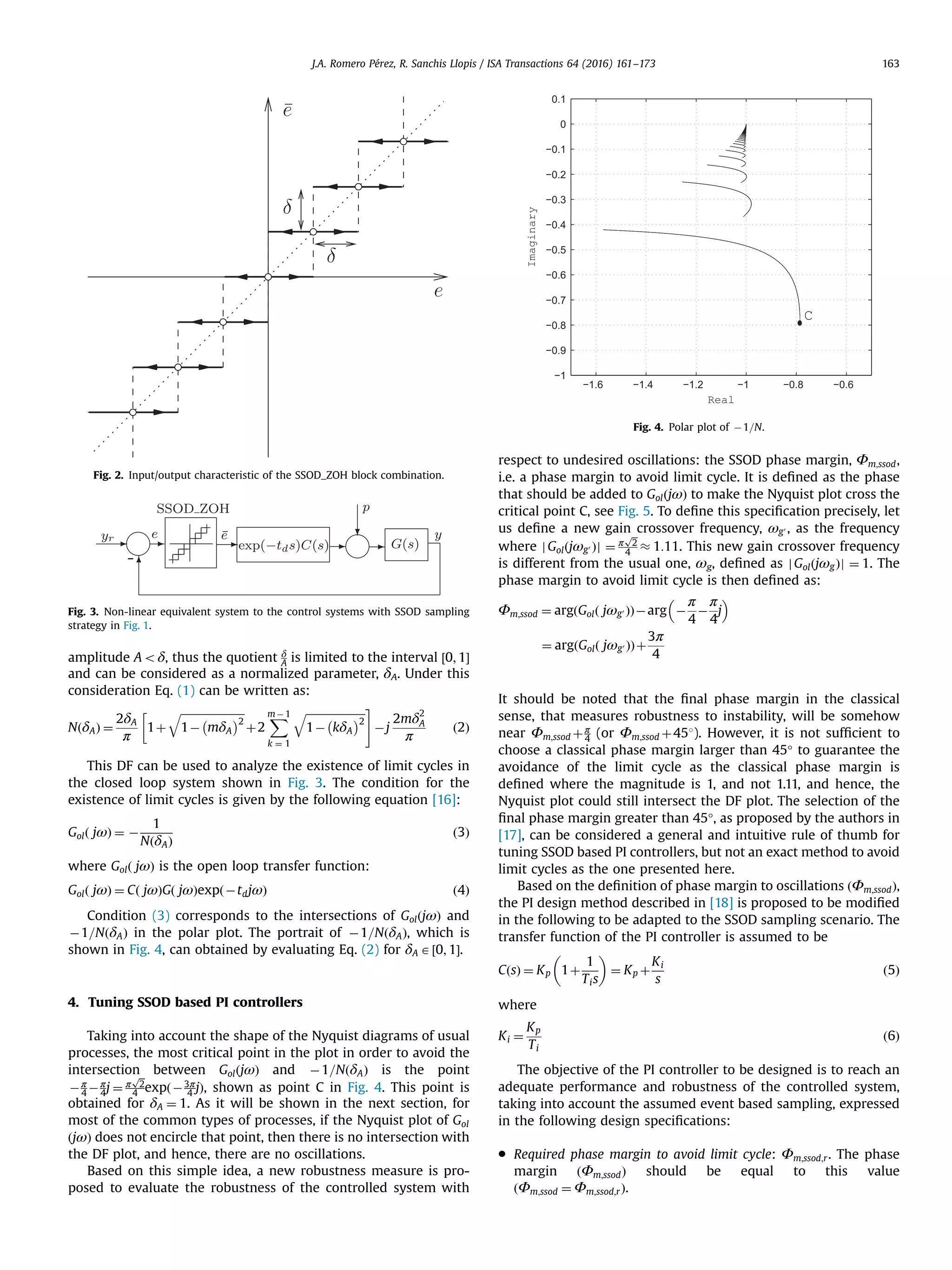 amplitude Aoδ, thus the quotient δ A is limited to the interval ½0; 1Š and can be considered as a normalized parameter, δA. Under this consideration Eq. (1) can be written as: NðδAÞ ¼ 2δA π 1þ ﬃﬃﬃﬃﬃﬃﬃﬃﬃﬃﬃﬃﬃﬃﬃﬃﬃﬃﬃﬃﬃﬃﬃﬃ 1À mδA À Á2 q þ2 XmÀ 1 k ¼ 1 ﬃﬃﬃﬃﬃﬃﬃﬃﬃﬃﬃﬃﬃﬃﬃﬃﬃﬃﬃﬃﬃﬃ 1À kδA À Á2 q # Àj 2mδ2 A π ð2Þ This DF can be used to analyze the existence of limit cycles in the closed loop system shown in Fig. 3. The condition for the existence of limit cycles is given by the following equation [16]: Golð jωÞ ¼ À 1 NðδAÞ ð3Þ where Golð jωÞ is the open loop transfer function: Golð jωÞ ¼ Cð jωÞGð jωÞexpðÀtdjωÞ ð4Þ Condition (3) corresponds to the intersections of GolðjωÞ and À1=NðδAÞ in the polar plot. The portrait of À1=NðδAÞ, which is shown in Fig. 4, can obtained by evaluating Eq. (2) for δA A½0; 1Š. 4. Tuning SSOD based PI controllers Taking into account the shape of the Nyquist diagrams of usual processes, the most critical point in the plot in order to avoid the intersection between GolðjωÞ and À1=NðδAÞ is the point Àπ 4 Àπ 4j ¼ π ﬃﬃ 2 p 4 expðÀ3π 4 jÞ, shown as point C in Fig. 4. This point is obtained for δA ¼ 1. As it will be shown in the next section, for most of the common types of processes, if the Nyquist plot of Gol ðjωÞ does not encircle that point, then there is no intersection with the DF plot, and hence, there are no oscillations. Based on this simple idea, a new robustness measure is pro- posed to evaluate the robustness of the controlled system with respect to undesired oscillations: the SSOD phase margin, Φm;ssod, i.e. a phase margin to avoid limit cycle. It is deﬁned as the phase that should be added to GolðjωÞ to make the Nyquist plot cross the critical point C, see Fig. 5. To deﬁne this speciﬁcation precisely, let us deﬁne a new gain crossover frequency, ωg0 , as the frequency where jGolðjωg0 Þj ¼ π ﬃﬃ 2 p 4 % 1:11. This new gain crossover frequency is different from the usual one, ωg, deﬁned as jGolðjωgÞj ¼ 1. The phase margin to avoid limit cycle is then deﬁned as: Φm;ssod ¼ argðGolð jωg0 ÞÞÀarg À π 4 À π 4 j ¼ argðGolð jωg0 ÞÞþ 3π 4 It should be noted that the ﬁnal phase margin in the classical sense, that measures robustness to instability, will be somehow near Φm;ssod þπ 4 (or Φm;ssod þ451). However, it is not sufﬁcient to choose a classical phase margin larger than 45° to guarantee the avoidance of the limit cycle as the classical phase margin is deﬁned where the magnitude is 1, and not 1.11, and hence, the Nyquist plot could still intersect the DF plot. The selection of the ﬁnal phase margin greater than 45°, as proposed by the authors in [17], can be considered a general and intuitive rule of thumb for tuning SSOD based PI controllers, but not an exact method to avoid limit cycles as the one presented here. Based on the deﬁnition of phase margin to oscillations ðΦm;ssodÞ, the PI design method described in [18] is proposed to be modiﬁed in the following to be adapted to the SSOD sampling scenario. The transfer function of the PI controller is assumed to be CðsÞ ¼ Kp 1þ 1 Tis ¼ Kp þ Ki s ð5Þ where Ki ¼ Kp Ti ð6Þ The objective of the PI controller to be designed is to reach an adequate performance and robustness of the controlled system, taking into account the assumed event based sampling, expressed in the following design speciﬁcations: Required phase margin to avoid limit cycle: Φm;ssod;r. The phase margin ðΦm;ssodÞ should be equal to this value ðΦm;ssod ¼ Φm;ssod;rÞ. Fig. 2. Input/output characteristic of the SSOD_ZOH block combination. Fig. 3. Non-linear equivalent system to the control systems with SSOD sampling strategy in Fig. 1. −1.6 −1.4 −1.2 −1 −0.8 −0.6 −1 −0.9 −0.8 −0.7 −0.6 −0.5 −0.4 −0.3 −0.2 −0.1 0 0.1 Real Imaginary C Fig. 4. Polar plot of À1=N. J.A. Romero Pérez, R. Sanchis Llopis / ISA Transactions 64 (2016) 161–173 163 