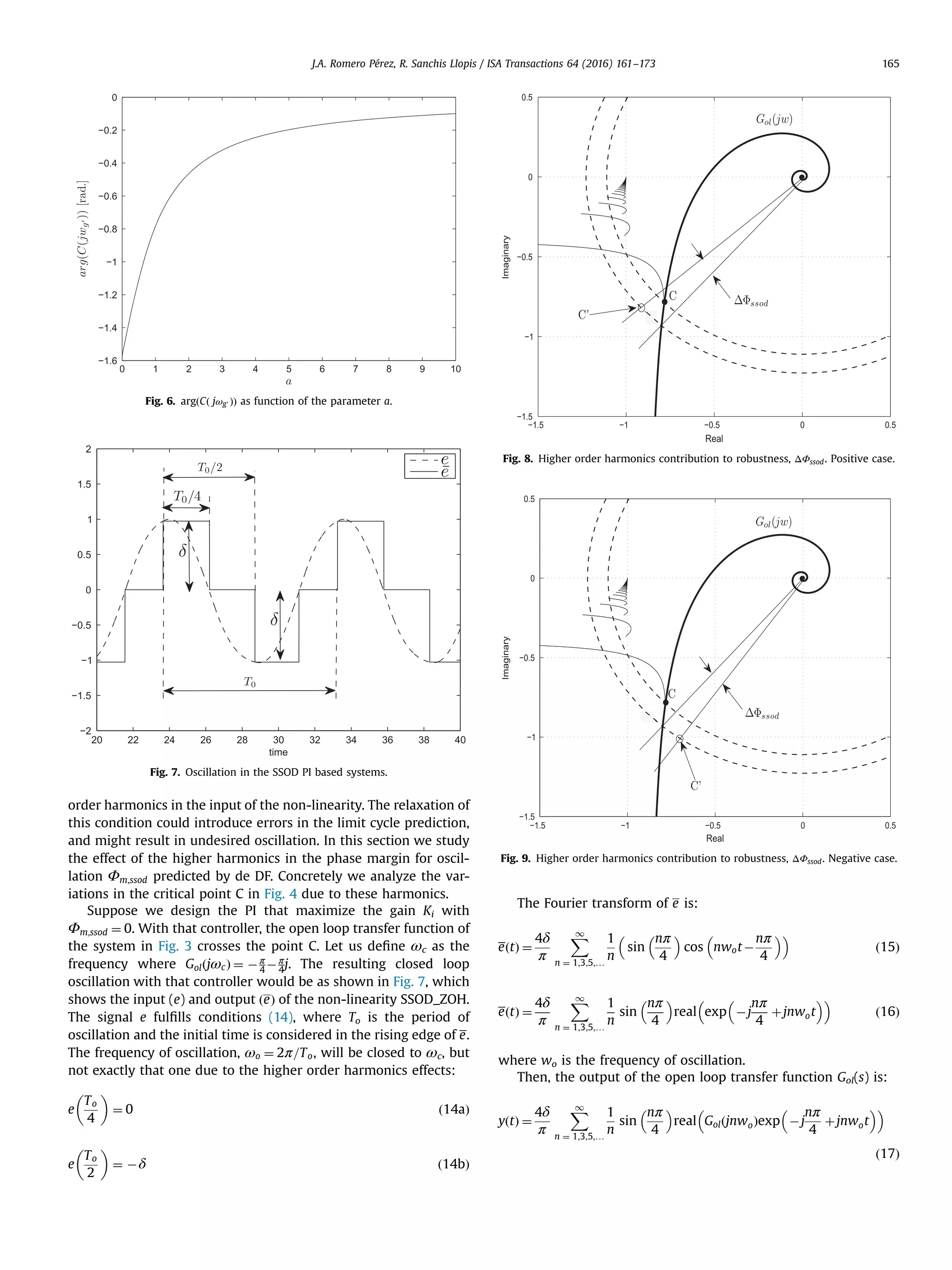 order harmonics in the input of the non-linearity. The relaxation of this condition could introduce errors in the limit cycle prediction, and might result in undesired oscillation. In this section we study the effect of the higher harmonics in the phase margin for oscil- lation Φm;ssod predicted by de DF. Concretely we analyze the var- iations in the critical point C in Fig. 4 due to these harmonics. Suppose we design the PI that maximize the gain Ki with Φm;ssod ¼ 0. With that controller, the open loop transfer function of the system in Fig. 3 crosses the point C. Let us deﬁne ωc as the frequency where GolðjωcÞ ¼ Àπ 4 Àπ 4j. The resulting closed loop oscillation with that controller would be as shown in Fig. 7, which shows the input (e) and output ðeÞ of the non-linearity SSOD_ZOH. The signal e fulﬁlls conditions (14), where To is the period of oscillation and the initial time is considered in the rising edge of e. The frequency of oscillation, ωo ¼ 2π=To, will be closed to ωc, but not exactly that one due to the higher order harmonics effects: e To 4 ¼ 0 ð14aÞ e To 2 ¼ Àδ ð14bÞ The Fourier transform of e is: eðtÞ ¼ 4δ π X1 n ¼ 1;3;5;… 1 n sin nπ 4 cos nwotÀ nπ 4 ð15Þ eðtÞ ¼ 4δ π X1 n ¼ 1;3;5;… 1 n sin nπ 4 real exp Àj nπ 4 þjnwot ð16Þ where wo is the frequency of oscillation. Then, the output of the open loop transfer function Gol(s) is: yðtÞ ¼ 4δ π X1 n ¼ 1;3;5;… 1 n sin nπ 4 real GolðjnwoÞexp Àj nπ 4 þjnwot ð17Þ Fig. 6. argðCð jωg0 ÞÞ as function of the parameter a. Fig. 7. Oscillation in the SSOD PI based systems. Fig. 8. Higher order harmonics contribution to robustness, ΔΦssod. Positive case. Fig. 9. Higher order harmonics contribution to robustness, ΔΦssod. Negative case. J.A. Romero Pérez, R. Sanchis Llopis / ISA Transactions 64 (2016) 161–173 165 