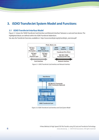 1
6
A New Method of High Speed P2P File Transfer using SD Card and TransferJet Technology
www.sdcard.org | ©2014 SD Association. All rights reserved
3. iSDIO TransferJet System Model and Functions
3.1 iSDIO TransferJet Interface Model
Figure 3-1 shows the“iSDIO TransferJet Card Interface and Network Interface”between a card and host device. The
highlighted blocks are defined within the iSDIO TransferJet Addendum.
See also the TransferJet Overview, available at: http://www.transferjet.org/tj/transferjet_overview.pdf
Figure 3‑1: iSDIO TransferJet Card Interface and Network Interface
Figure 3‑2: iSDIO TransferJet Card Interface and Card System Model
 