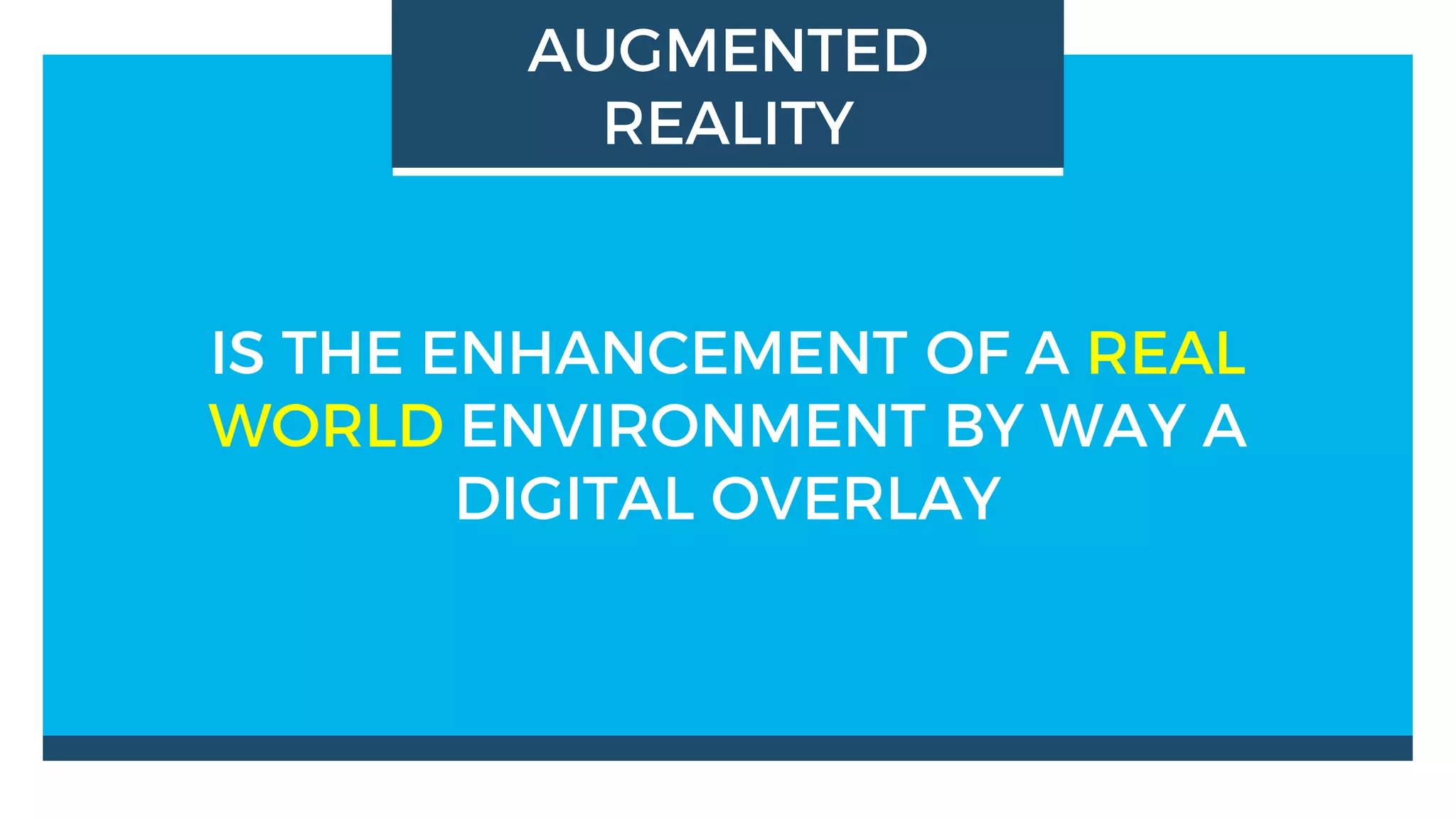 IS THE ENHANCEMENT OF A REAL
WORLD ENVIRONMENT BY WAY A
DIGITAL OVERLAY
AUGMENTED
REALITY
 