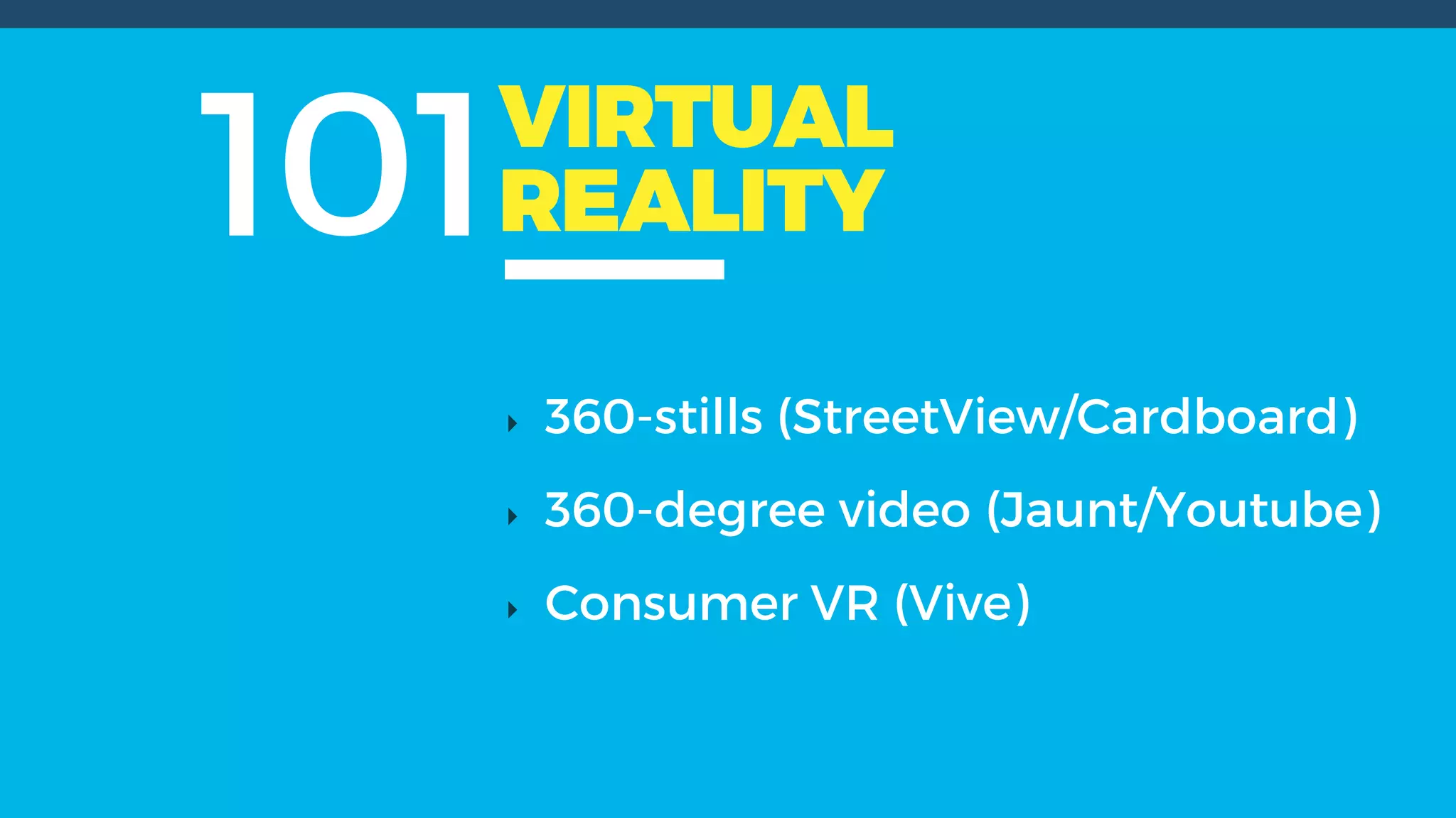 101VIRTUAL
REALITY
360-stills (StreetView/Cardboard)
360-degree video (Jaunt/Youtube)
Consumer VR (Vive)
 
