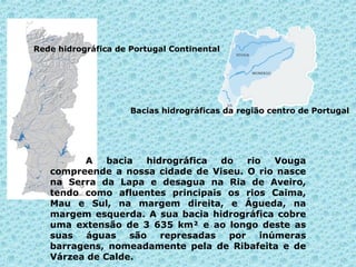                                                           A bacia hidrográfica do rio Vouga compreende a nossa cidade de Viseu. O rio nasce na Serra da Lapa e desagua na Ria de Aveiro, tendo como afluentes principais os rios Caima, Mau e Sul, na margem direita, e Águeda, na margem esquerda. A sua bacia hidrográfica cobre uma extensão de 3 635 km² e ao longo deste as suas águas são represadas por inúmeras barragens, nomeadamente pela de Ribafeita e de Várzea de Calde.                                     Bacias hidrográficas da região centro de Portugal   Rede hidrográfica de Portugal Continental   
