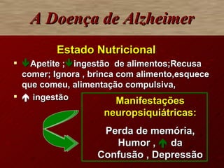 A Doença de Alzheimer   Estado Nutricional  Apetite ;  ingestão  de alimentos;Recusa comer; Ignora , brinca com alimento,esquece que comeu, alimentação compulsiva,    ingestão  Manifestações neuropsiquiátricas: Perda de memória, Humor ,    da Confusão , Depressão 