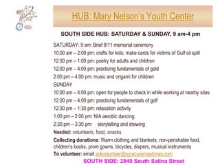 HUB: Sunnycrest ParkEASTWOOD HUB: SATURDAY & SUNDAY, 10 am-4 pmSUNDAY10:00 am – 2:00 pm: information tables; blood pressure screening10:00 am – 12:00 pm: music with kids and origami11:00 am – 12:00 pm: van tour of community gardens 	(maximum of 15 people; please sign up)12:00 pm – 2:00 pm: crafts for kids; makings cards for victims of Gulf oil spill1:00 pm – 2:00 pm: story telling2:00 pm – 3:00 pm: relaxation activity3:00 pm – 4:00 pm: Zumba (Latin music/exercise/dance)Needed: Volunteers, snacks, foodCollecting donations: Warm clothing and blankets, non-perishable food, children’s books, prom gowns, bicycles, diapers, musical instrumentsDispatching volunteers to do clean-ups at other city parksTo volunteer: email aokvolunteer@syracusenewtimes.comEASTWOOD: Caleb & Hickok Avenue entrance