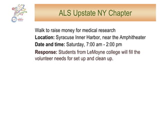HUB: St. Lucy’s Food Pantry/GymWEST SIDE HUB: Saturday, 9 am-4 pm;  Sunday 10 am-3 pm SATURDAY 9 am: Brief 9/11 memorial ceremony9:00 am – 4:00 pm	painting a mural in the food pantry10:00 am – 11:00 am 	dynamic exercises for mind and body (teens and adults)10:00 am – 11:30 am	drumming10:00 am – 12:00 pm	making friendship bracelets10:00 am – 2:00 pm	crafts for kids, information tables; blood pressure screenings10:30 am – 11:00 am 	opera singing10:30 am – 12:30 pm	story telling; writing cards to the military11:00 am – 12:00 pm	van tour of community gardens 		(15 people maximum; please sign up in advance)11:00 am – 1:00 pm	bike clinic11:00 am – 4:00 pm	La Casita Cultural Center Project: ”The Big Draw: What is your story?”  			Creating a collective community story with visual and oral histories12:00 pm – 1:00 pm 	hip-hop dancers, Zumba (Latin music/dance/exercise)12:30 pm – 1:30 pm	Raging Grannies singing group1:00 pm – 2:00 pm	Nia aerobic dancing, youth theater performance2:00 pm – 3:00 pm 	relaxation programSUNDAY: 10 am – 3 pm	Food pantry open; check-in for volunteers at nearby projectsNeeded: Volunteers, food, snacksCollecting donations: Warm clothing and blankets, non-perishable food, children’s books, prom gowns, bicycles, diapers, musical instrumentsTo volunteer: email aokvolunteer@syracusenewtimes.comWEST SIDE: 432 Gifford Street
