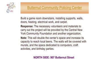 ALS Upstate NY ChapterWalk to raise money for medical researchLocation: Syracuse Inner Harbor, near the AmphitheaterDate and time: Saturday, 7:00 am - 2:00 pm Response: Students from LeMoyne college will fill the volunteer needs for set up and clean up.