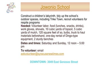 Housing VisionsBlock party for the 600 block of Catherine Street, between East Laurel and Hickory StreetsDate and time: Saturday, 8 am-5 pmNeeded: volunteers to help set up, tables, chairs, musiciansWill provide: volunteers from Catherine Street residents, food, gamesTo volunteer: email aokvolunteer@syracusenewtimes.comNORTH SIDE: 600 Block of Catherine Street