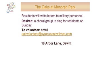 KJ’s Angels Memorial FundRemove leaves and debris from the common area in Oakwood Cemetery where cremated bodies of infants are collectively buried, as well as around the donated baby bench which is located off the Colvin Street entrance, plant daffodil bulbs at both locations. Meet at the Islamic Society across the street to sign in and share a meal. Needed: 15 volunteers, 100 daffodil bulbs, trash bags, trash disposal. Bring tools for raking, planting bulbs, and cleaning out flower beds. Can provide: Volunteers from KJ’s AngelsDate and time: Sunday, 12:00 noon to 4:00 pmNote: The annual fundraising walk for K.J.'s Angels is the following week. To volunteer: email aokvolunteer@syracusenewtimes.comDOWNTOWN: Oakwood Cemetery, Comstock Avenue