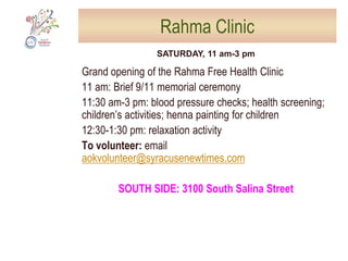Newell Street GardenBuild a fence along the front of the community garden.Needed: 5 skilled volunteers to dig holes, mix and pour concrete; 6 bags of quick-drying cement, exterior acrylic paint in rainbow colors for kids to paint the fence, level, saw, tape measure, sand paper, brushes and rollersDates and times: Saturday and Sunday, 9:00 am-2:00 pm. To volunteer: email aokvolunteer@syracusenewtimes.comSOUTH SIDE: 612 West Newell 