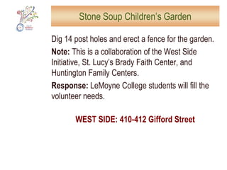 Person to Person Citizen AdvocacyJoin in a Game Day with residents at Loretto. Play games and visit with residents of Fahey and Cunningham Rehabilitation Centers and Residences. Needed: 40 volunteers bringing their own board games or using the games provided. Meet in the lobby of the Cunningham (the taller building).Date and time: Sunday, 1:30 - 4:30 pm Note: Due to the variety of nutritional needs, do not bring food; snacks will be provided at 3:30 pm.To volunteer: email aokvolunteer@syracusenewtimes.comSOUTH SIDE: 700 East Brighton Avenue