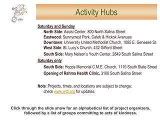  Help individuals and organizations link up to make our neighborhoods healthier, safer, and more hospitable. Continue reading for a list of participating organizations.Then get involved: To volunteer, email: aokvolunteer@syracusenewtimes.com