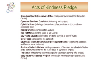 Acts of Kindness Pledge100 Black Men of Syracuse (working with the Syracuse Parks Conservancy on beautification of city parks)Al Huda Mosque (youth sorting food donations at activity hubs on Sunday)Alliance of Communities for Transforming Syracuse (promoting a full-service grocery store on Syracuse’s South Side)Alpha Phi Omega (painting at the WestSide Learning Center) Alzheimer’s Association (recruiting volunteers for respite programs)The Art of Massage (offering chair massages for volunteers coming off a project)Baltimore Woods (encouraging city youth to be involved in caring for parks)Bikes for Peace, Syracuse Peace Council (offering a bike clinic at St. Lucy’s)Books Are Food for Thought (delivering new and genthly used books to children receiving free meals at the Southside Church of Christ)Catholic Charities of Onondaga County (recruiting volunteers for respite programs)Central New York Community Foundation (assisting in projects at the Butternut Community Police Center and Butternut Style)City of Syracuse