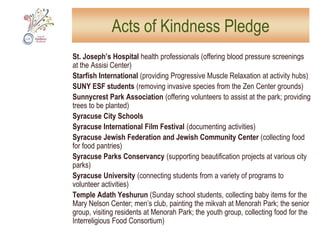 Acts of Kindness PledgeCity of Syracuse Fire DepartmentCommunity General Hospital health professionals (offering blood pressure screenings at Hopps Memorial C.M.E. Church)Crouse Hospital health professionals (offering blood pressure screenings at Sunnycrest Park)Dunbar Association Center (collecting professional attire for Jobs Plus participants for interviewing for jobs; drop off weekdays at 1453 So. State Street)Dynamic Health and Fitness (offering dynamic, positive exercises for the mind and body at St. Lucy’s)Eastwood Neighborhood Association (providing lunch for volunteers working at Sunnycrest Park on Saturday)Eastwood Parents’ Association (providing children’s activities at Sunnycrest Park)Elmcrest Children’s Center (preparing and serving a dinner for police and fire department personnel in appreciation for their help)Exceptional Family Resources (recruiting volunteers for respite programs)Exploring Spirituality (telling stories to the young and young at heart at hub sites)Fair World Marketplace (offering a discount on purchase to donors of non-perishable foods for food pantries)
