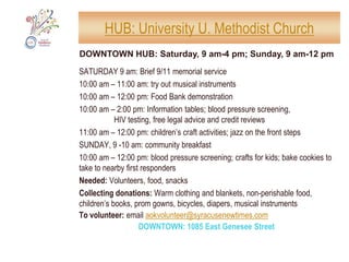 HUB: Assisi Center NORTH SIDE HUB: SATURDAY & SUNDAY, 9 am-4 pmSUNDAY9:30 am – 10:30 am: giveaway of baby clothing9:30 am – 2:00 pm: information tables 10:00 am – 2:00 pm: blood pressure screening11:00 am – 12:00 pm: relaxation activity for adults; 		Bambi movie for kids12:30 pm – 1:30 pm: van tour of community gardens 		(maximum of 15 people; please sign up)1:00 pm – 2:00 pm:	Nia aerobic dancing2:00 pm – 3:00 pm:	conversations with American veteransNeeded: Volunteers, snacks, foodCollecting donations: Warm clothing and blankets, non-perishable food, children’s booksTo volunteer: email aokvolunteer@syracusenewtimes.comNORTH SIDE: 800 North Salina Street