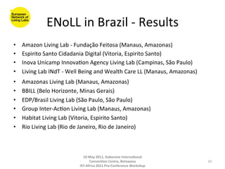 ENoLL	
  in	
  Brazil	
  -­‐	
  Results
                                                         	
  
•    Amazon	
  Living	
  Lab	
  -­‐	
  Fundação	
  Feitosa	
  (Manaus,	
  Amazonas)	
  
•    Espirito	
  Santo	
  Cidadania	
  Digital	
  (Vitoria,	
  Espirito	
  Santo)	
  
•    Inova	
  Unicamp	
  Innova8on	
  Agency	
  Living	
  Lab	
  (Campinas,	
  São	
  Paulo)	
  
•    Living	
  Lab	
  INdT	
  -­‐	
  Well	
  Being	
  and	
  Wealth	
  Care	
  LL	
  (Manaus,	
  Amazonas)	
  
•    Amazonas	
  Living	
  Lab	
  (Manaus,	
  Amazonas)	
  
•    BBILL	
  (Belo	
  Horizonte,	
  Minas	
  Gerais)	
  
•    EDP/Brasil	
  Living	
  Lab	
  (São	
  Paulo,	
  São	
  Paulo)	
  
•    Group	
  Inter-­‐Ac8on	
  Living	
  Lab	
  (Manaus,	
  Amazonas)	
  
•    Habitat	
  Living	
  Lab	
  (Vitoria,	
  Espirito	
  Santo)	
  
•    Rio	
  Living	
  Lab	
  (Rio	
  de	
  Janeiro,	
  Rio	
  de	
  Janeiro)	
  	
  



                                          10	
  May	
  2011,	
  Gaborone	
  Interna(onal	
  
                                                Conven(on	
  Centre,	
  Botswana	
                               33	
  
                                        IST-­‐Africa	
  2011	
  Pre-­‐Conference	
  Workshop	
  
 
