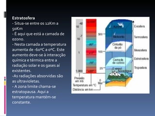 Estratosfera   - Situa-se entre os 12Km a 50Km  - É aqui que está a camada de ozono.  - Nesta camada a temperatura aumenta de -60ºC a 0ºC. Este aumento deve-se à interacção química e térmica entre a radiação solar e os gases aí existentes.  -As radiações absorvidas são as ultravioletas.  - A zona limite chama-se estratopausa. Aqui a temperatura mantém-se constante. 