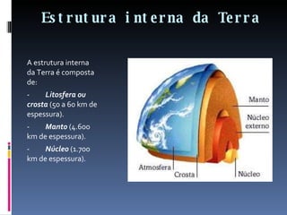 Estrutura interna da Terra A estrutura interna da Terra é composta de: -           Litosfera ou crosta  (50 a 60 km de espessura). -           Manto  (4.600 km de espessura). -           Núcleo  (1.700 km de espessura). 