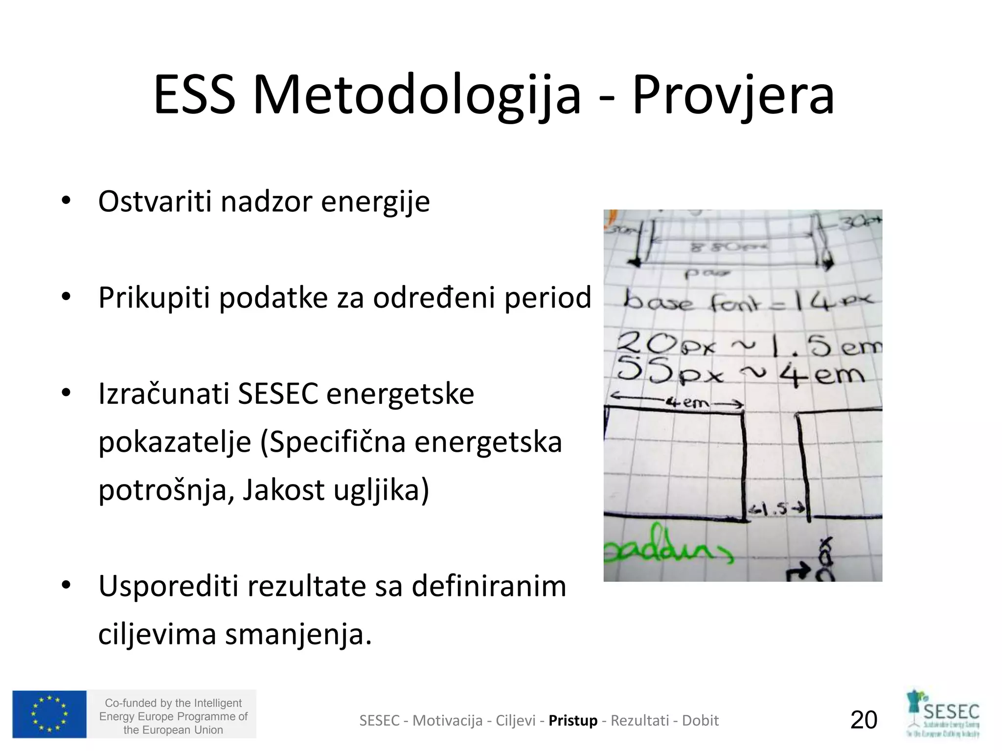 ESS Metodologija - Provjera 
• Ostvariti nadzor energije 
• Prikupiti podatke za određeni period 
• Izračunati SESEC energetske 
pokazatelje (Specifična energetska 
potrošnja, Jakost ugljika) 
• Usporediti rezultate sa definiranim 
ciljevima smanjenja. 
Co-funded by the Intelligent 
Energy Europe Programme of 
SESEC - Motivacija - Ciljevi - Pristup - Rezultati - Dobit 
20 
the European Union  