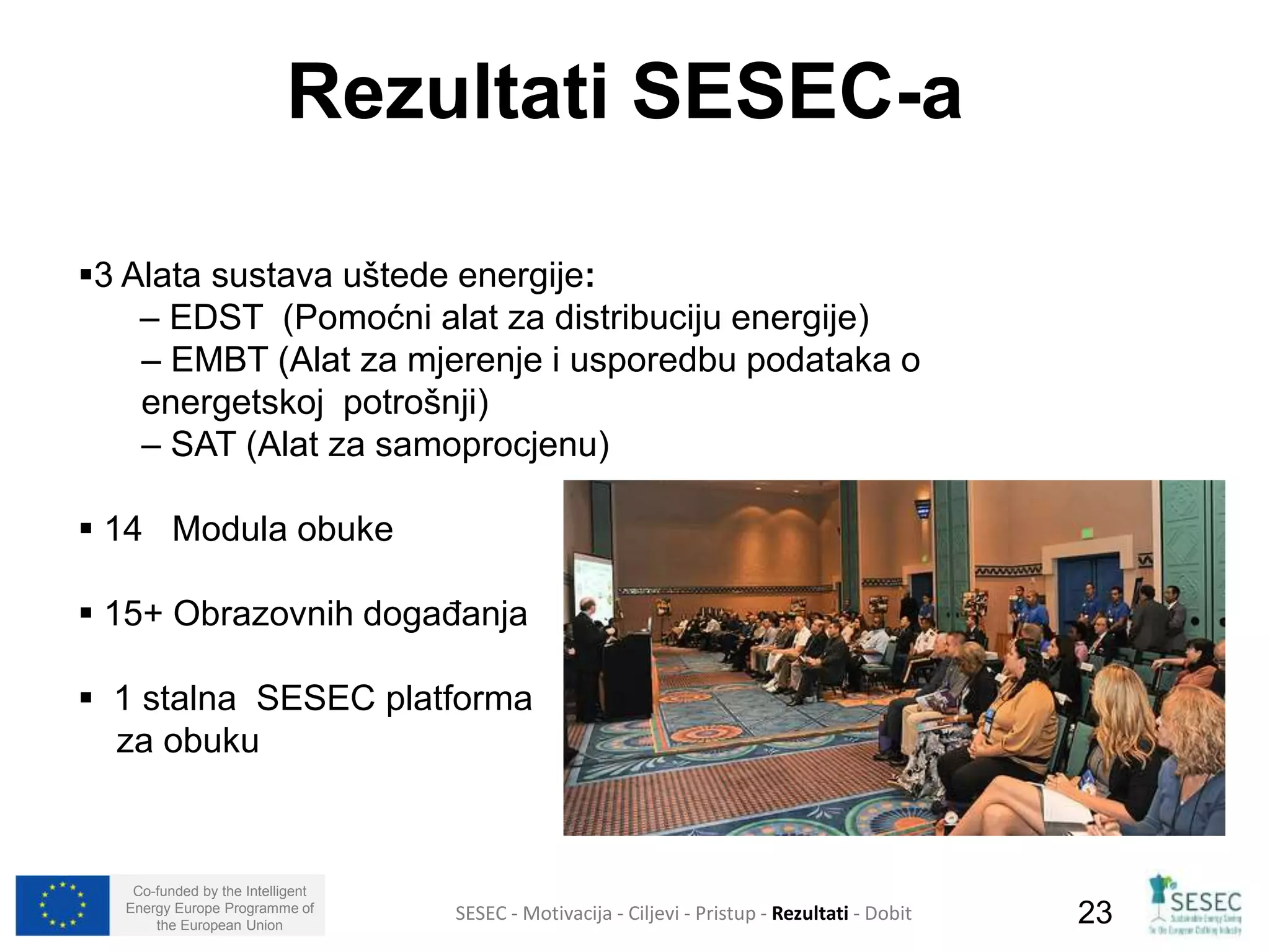 Rezultati SESEC-a 
3 Alata sustava uštede energije: 
– EDST (Pomoćni alat za distribuciju energije) 
– EMBT (Alat za mjerenje i usporedbu podataka o 
energetskoj potrošnji) 
– SAT (Alat za samoprocjenu) 
 14 Modula obuke 
 15+ Obrazovnih događanja 
 1 stalna SESEC platforma 
za obuku 
Co-funded by the Intelligent 
Energy Europe Programme of 
SESEC - Motivacija - Ciljevi - Pristup - Rezultati - Dobit 
23 
the European Union  