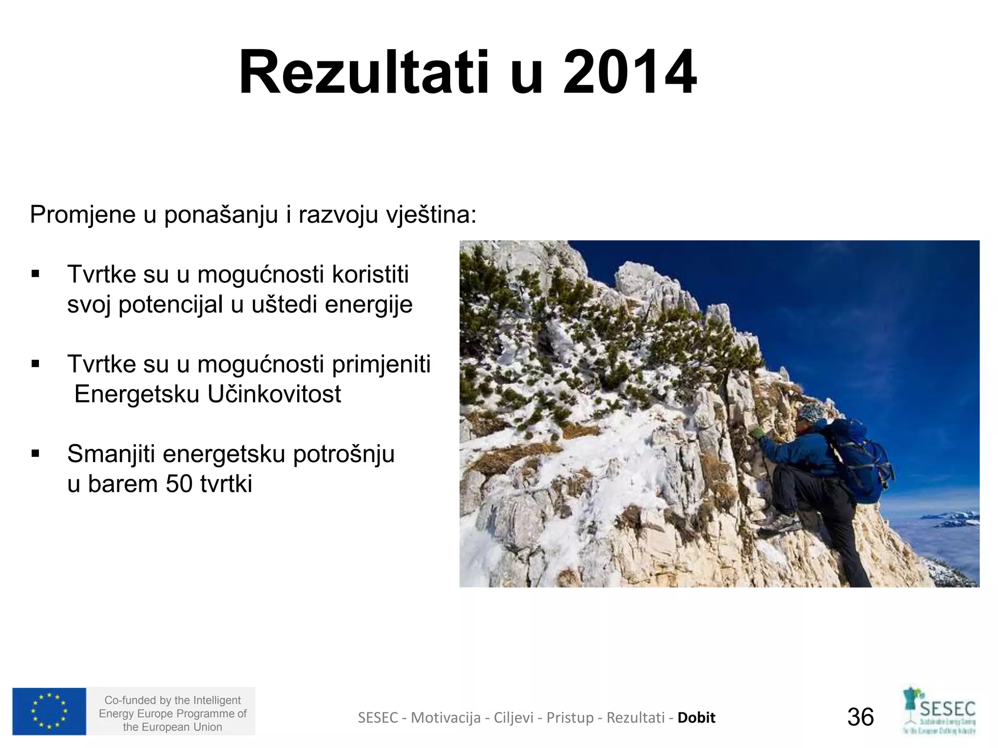 Rezultati u 2014 
Promjene u ponašanju i razvoju vještina: 
 Tvrtke su u mogućnosti koristiti 
svoj potencijal u uštedi energije 
 Tvrtke su u mogućnosti primjeniti 
Energetsku Učinkovitost 
 Smanjiti energetsku potrošnju 
u barem 50 tvrtki 
Co-funded by the Intelligent 
Energy Europe Programme of 
SESEC - Motivacija - Ciljevi - Pristup - Rezultati - Dobit 
36 
the European Union  