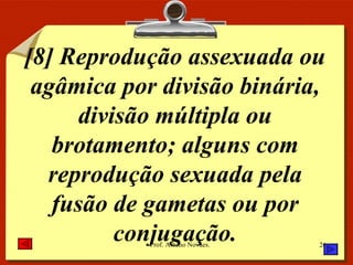 [8] Reprodução assexuada ou agâmica por divisão binária, divisão múltipla ou brotamento; alguns com reprodução sexuada pela fusão de gametas ou por conjugação. 