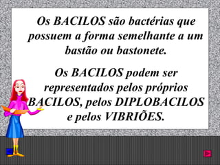Prof. Albano Novaes. 25
Os BACILOS são bactérias que
possuem a forma semelhante a um
bastão ou bastonete.
Os BACILOS podem ser
representados pelos próprios
BACILOS, pelos DIPLOBACILOS
e pelos VIBRIÕES.
 