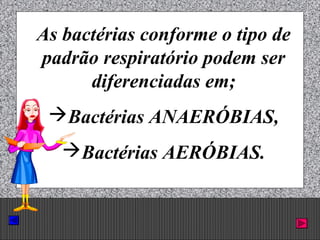 Prof. Albano Novaes. 32
As bactérias conforme o tipo de
padrão respiratório podem ser
diferenciadas em;
Bactérias ANAERÓBIAS,
Bactérias AERÓBIAS.
 