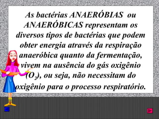 Prof. Albano Novaes. 33
As bactérias ANAERÓBIAS ou
ANAERÓBICAS representam os
diversos tipos de bactérias que podem
obter energia através da respiração
anaeróbica quanto da fermentação,
vivem na ausência do gás oxigênio
(O2), ou seja, não necessitam do
oxigênio para o processo respiratório.
 