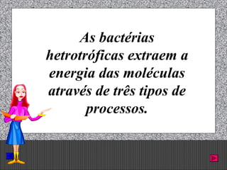 Prof. Albano Novaes. 41
As bactérias
hetrotróficas extraem a
energia das moléculas
através de três tipos de
processos.
 
