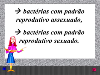 Prof. Albano Novaes. 45
 bactérias com padrão
reprodutivo assexuado,
 bactérias com padrão
reprodutivo sexuado.
 