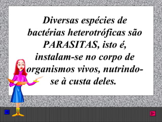 Prof. Albano Novaes. 55
Diversas espécies de
bactérias heterotróficas são
PARASITAS, isto é,
instalam-se no corpo de
organismos vivos, nutrindo-
se à custa deles.
 
