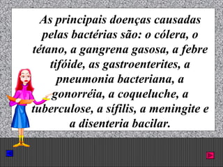 Prof. Albano Novaes. 57
As principais doenças causadas
pelas bactérias são: o cólera, o
tétano, a gangrena gasosa, a febre
tifóide, as gastroenterites, a
pneumonia bacteriana, a
gonorréia, a coqueluche, a
tuberculose, a sífilis, a meningite e
a disenteria bacilar.
 