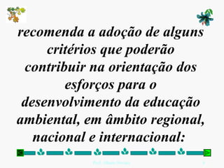 recomenda a adoção de alguns critérios que poderão contribuir na orientação dos esforços para o desenvolvimento da educação ambiental, em âmbito regional, nacional e internacional:  